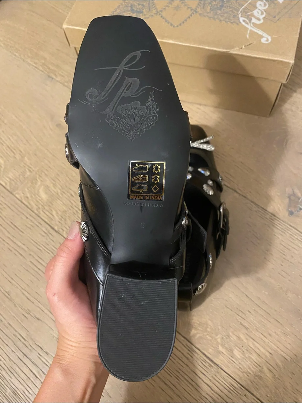Free People Black Studded Ankle-Strap Flats with Crystal Bow Accents